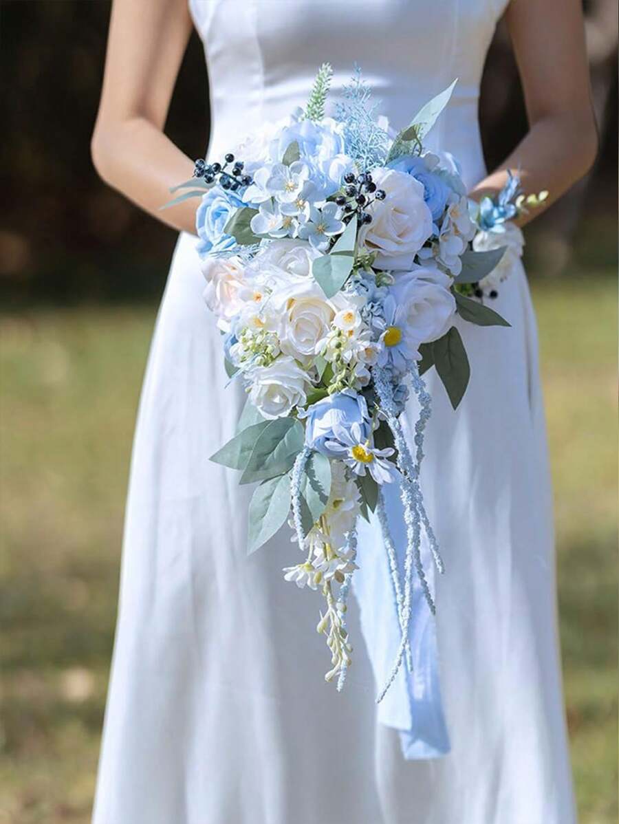 New Wedding Bridal Bouquet, Bride Artificial Rose Flowers With Ribbons, Bridesmaid Fake Flower Bunch 20 Inch, Tossing Cascading Bouquet For Boho Rustic Ceremony Anniversary Party Decorations - Màu xanh lam - Xem 1