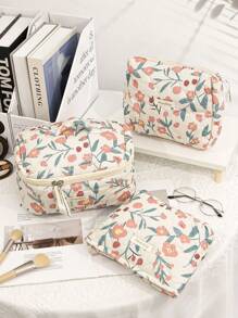 1 件/套粉色花朵柔软化妆包，时尚休闲时尚便携式化妆包，多功能，大容量大储物袋，可装钱包、口红、卫生巾、袋垫、硬币、钥匙、耳机、空气盒、有线耳机、电缆、充电器、适配器、耳机和其他配件、可爱洗漱用品收纳袋、旅行储物袋，适合女士、糖果、护士、女学生、学生、Cottagecore、节日礼物。 - 粉色 - 查看 1