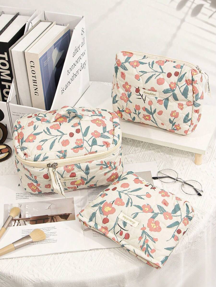 1 件/套粉色花朵柔软化妆包，时尚休闲时尚便携式化妆包，多功能，大容量大储物袋，可装钱包、口红、卫生巾、袋垫、硬币、钥匙、耳机、空气盒、有线耳机、电缆、充电器、适配器、耳机和其他配件、可爱洗漱用品收纳袋、旅行储物袋，适合女士、糖果、护士、女学生、学生、Cottagecore、节日礼物。 - 粉色 - 查看 1