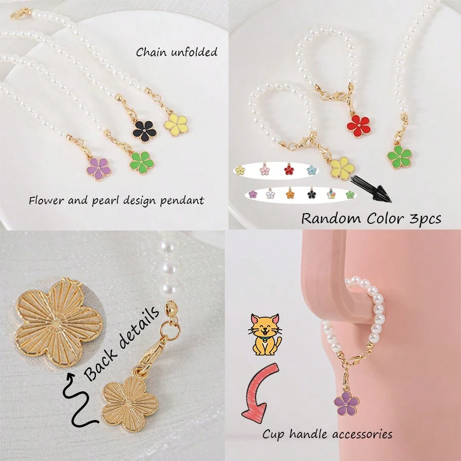 3 phụ kiện cốc màu ngẫu nhiên, mặt dây chuyền hoa ngọc trai thẩm mỹ, có thể sử dụng cho mặt dây chuyền cốc, màu tím/xanh lam/đỏ/hồng/đen và các màu khác của mặt dây chuyền, móc khóa nối, dây chuyền hoa đa chức năng, mặt dây chuyền hoa ngọc trai dễ thương, mặt dây chuyền hoa cây, quà tặng cho cô ấy. - Nhiều màu - Xem 1
