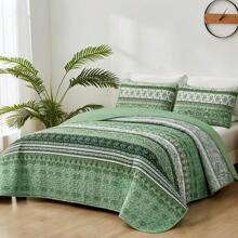 3 Pieces Boho Queen King Quilt Sets, Light Green Bohemian Quilt Bedding Set, Lightweight Microfiber Bed Decor Bedspread For All Season 96"X90" Home Decor Room Decor Bedroom Decor Bed Comforter Set Mothers Day Gift Wedding Decorations. - 淺綠色 - 查看 1