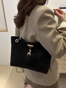 1pc Polyester Deer Pattern Decorative Large Capacity Zipper Shoulder Tote Bag, Suitable For Women's Daily Use - Black - View 3