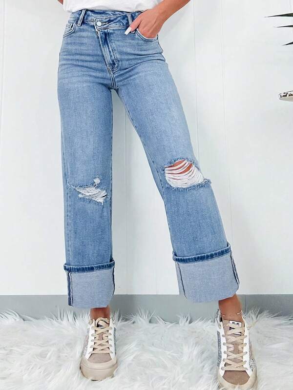 Women Solid Minimal Distressed Casual Denim Jeans