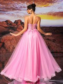 Rosa Tüll Slip Kleid, farbenfroher und schöner Kleid mit unterschiedlichen Farben von Pailletten, lebensecht bestickt und leuchtet im Licht, für Teenager A-Linie bodenlanges Ballkleid, Abendkleid für festliche Anlässe, elegantes halbformelles Abschlussballkleid, für Geburtstag, Hochzeitsgast, Abschlussball - Pink - Übersicht 7
