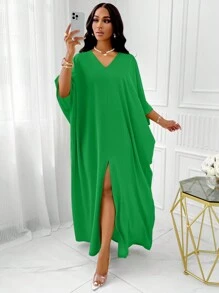 BIUBIU 大码女式V领蝙蝠袖开衩大腿纯色连衣裙