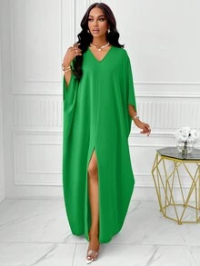 BIUBIU 大码女式V领蝙蝠袖开衩大腿纯色连衣裙