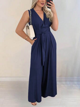 Vaiaye 女式无袖 V 领纯色简约时尚宽松阔腿圣诞连体裤