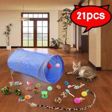 21 件猫玩具隧道老鼠形状球可折叠双通道猫咪玩耍隧道聊天逗猫帐篷猫咪皱褶隧道带滚球和躲猫猫洞可折叠猫通道老鼠用品宠物配件适用于猫咪仓鼠兔子和小动物便携式带逗猫棒小玩具配件颜色随机发货 - 彩色 - 查看 1
