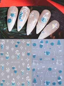 4 件蓝色梦幻雪花指甲贴纸闪耀新年圣诞蓝球酒杯手套灯笼树图案指甲贴花 3D 自粘闪光滑块美甲装饰' - 彩色 - 查看 5