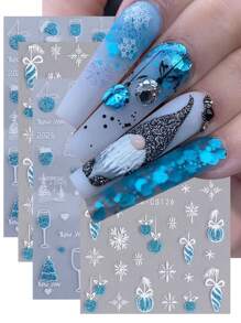 4 件蓝色梦幻雪花指甲贴纸闪耀新年圣诞蓝球酒杯手套灯笼树图案指甲贴花 3D 自粘闪光滑块美甲装饰' - 彩色 - 查看 4