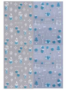 4 件蓝色梦幻雪花指甲贴纸闪耀新年圣诞蓝球酒杯手套灯笼树图案指甲贴花 3D 自粘闪光滑块美甲装饰' - 彩色 - 查看 7