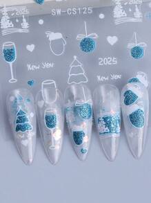 4 件蓝色梦幻雪花指甲贴纸闪耀新年圣诞蓝球酒杯手套灯笼树图案指甲贴花 3D 自粘闪光滑块美甲装饰' - 彩色 - 查看 8