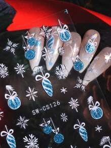 4 件蓝色梦幻雪花指甲贴纸闪耀新年圣诞蓝球酒杯手套灯笼树图案指甲贴花 3D 自粘闪光滑块美甲装饰' - 彩色 - 查看 10
