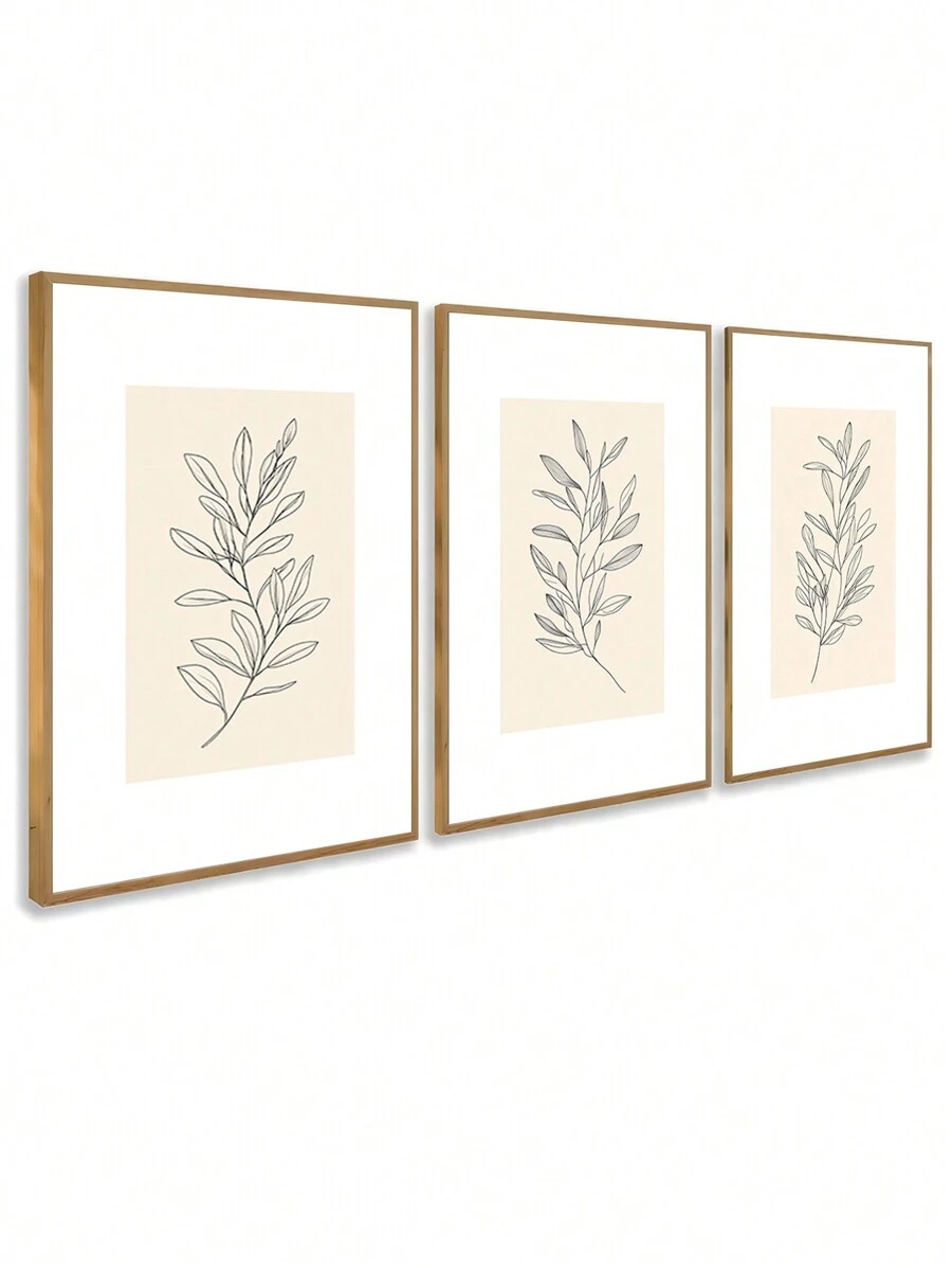 Kit 3 Quadros Decorativos Arte Flores One Line Decoração Minimalista Quarto Sala - Marrom Claro - Visão 1
