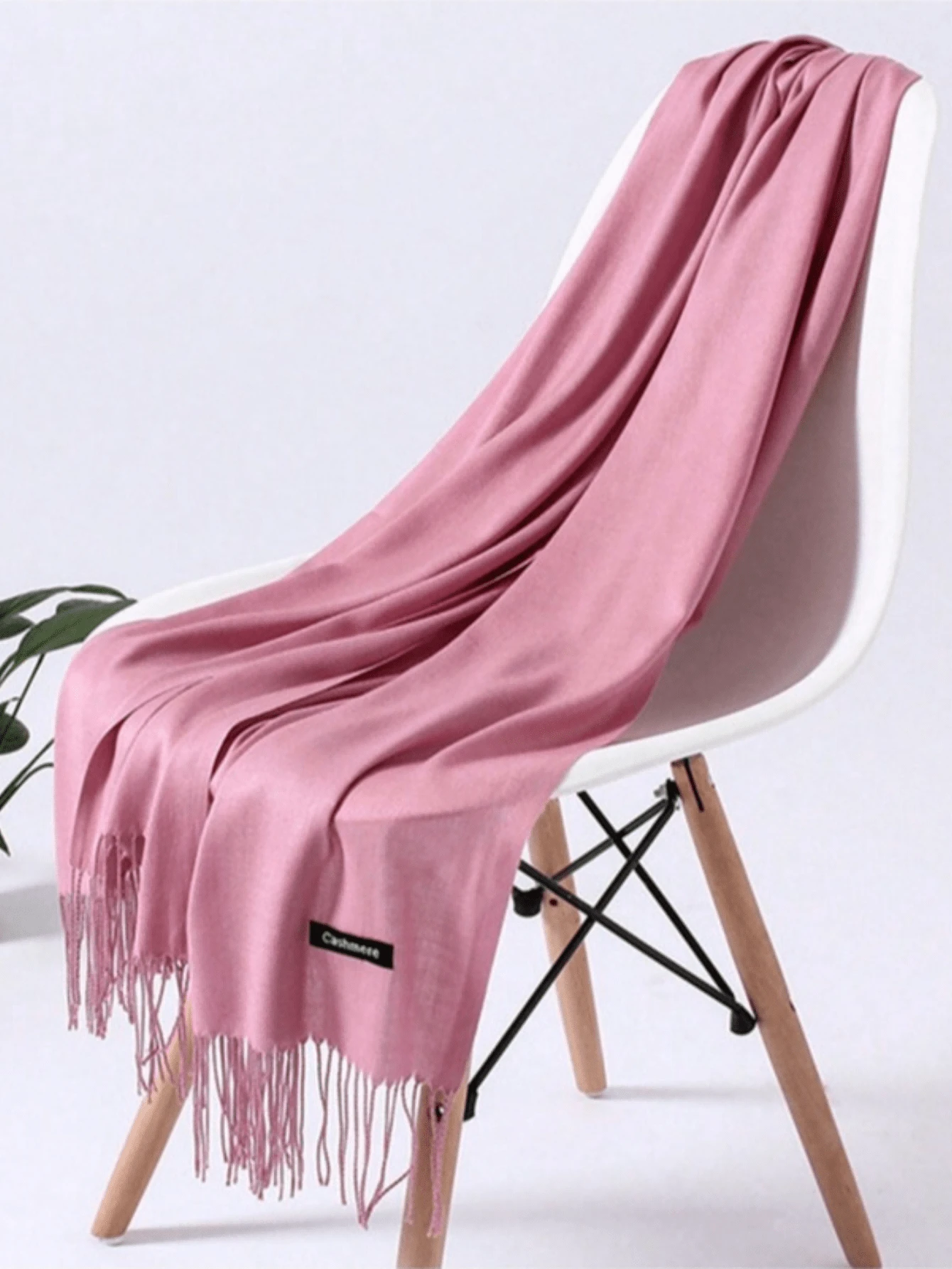 Dark Green Fringed Faux Cashmere Long Scarf For Women, Elegant Solid Color Polyester Scarf, Warm Korean Style Air Conditioning Shawl, Autumn & Winter - Pink - View 1