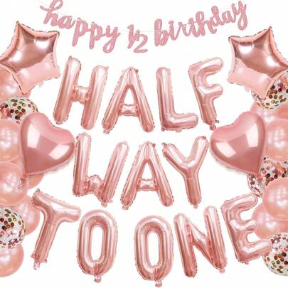 37 قطعة ديكورات عيد ميلاد نصف السنة، ديكورات لطفلة في عيد ميلادها النصفي (6 أشهر)، بالونات وشعار "نصف الطريق إلى العام الأول"