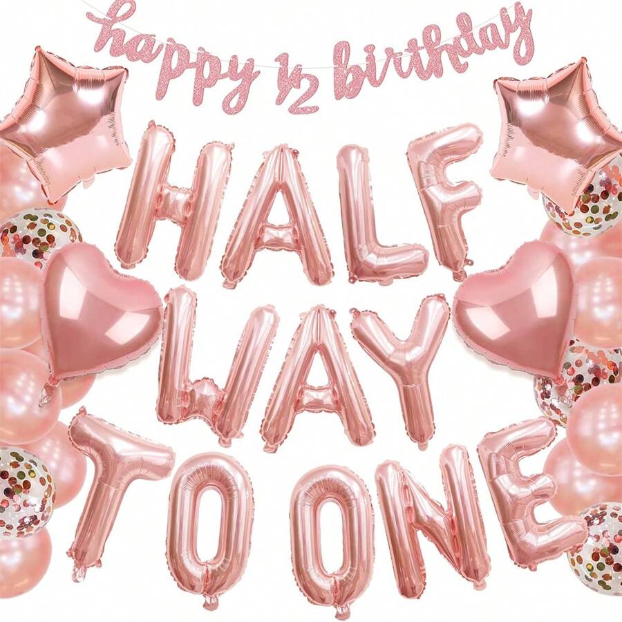 37件半歲生日裝飾套組,半歲生日裝飾,1. 女孩,6個月生日裝飾,1. 氣球橫幅,1. 1 - 玫瑰金 - 查看 1