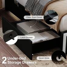 SIBEDS Queen Size Upholstered RGB LED Bed Frame With 2 Storage Drawers & Side Pockets, King Size Platform Bed With Crystal Button Tufted Headboard & Solid Slats, Noise-Free, No Box Spring Needed, Easy Assembly, PU Leather & Soft Velvet - 聚氨酯黑色 - 查看 5
