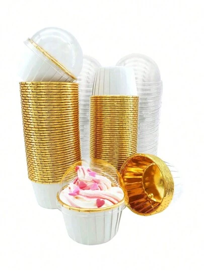 50 个白色和金色带盖纸杯蛋糕衬垫，耐热，非常适合烘烤松饼、芝士蛋糕、布朗尼，适用于圣诞节、万圣节、生日派对、秋季用品、南瓜，圆形铝箔纸杯蛋糕/松饼/蛋糕杯带衬垫