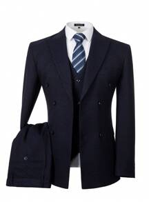 Mens Suits Slim Fit 3 Piece Double Breasted Polka Dots Tuxedo Mens 3 Piece Outfits Suit Jacket Vest Pants Set For Wedding Prom Navy Blue - 藏蓝色 - 查看 1