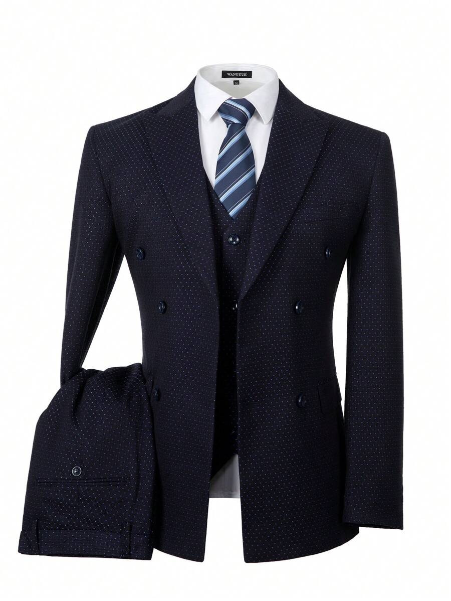 Mens Suits Slim Fit 3 Piece Double Breasted Polka Dots Tuxedo Mens 3 Piece Outfits Suit Jacket Vest Pants Set For Wedding Prom Navy Blue - 藏蓝色 - 查看 1