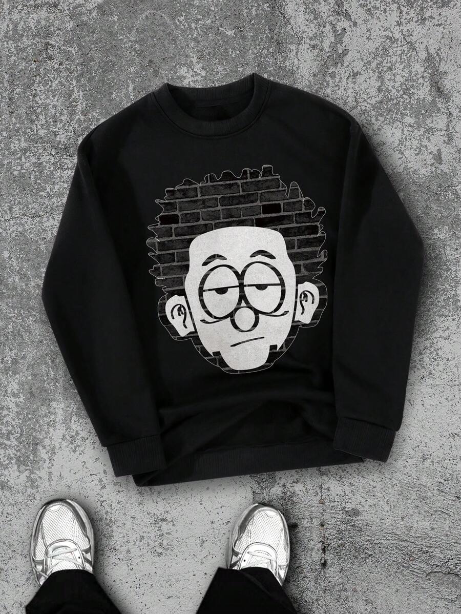 NEON DUSK 男士黑色圆领长袖印花卫衣，休闲日常穿着，秋冬款 - 黑色 - 查看 1