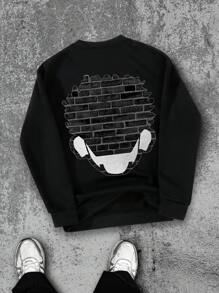 NEON DUSK 男士黑色圆领长袖印花卫衣，休闲日常穿着，秋冬款 - 黑色 - 查看 2