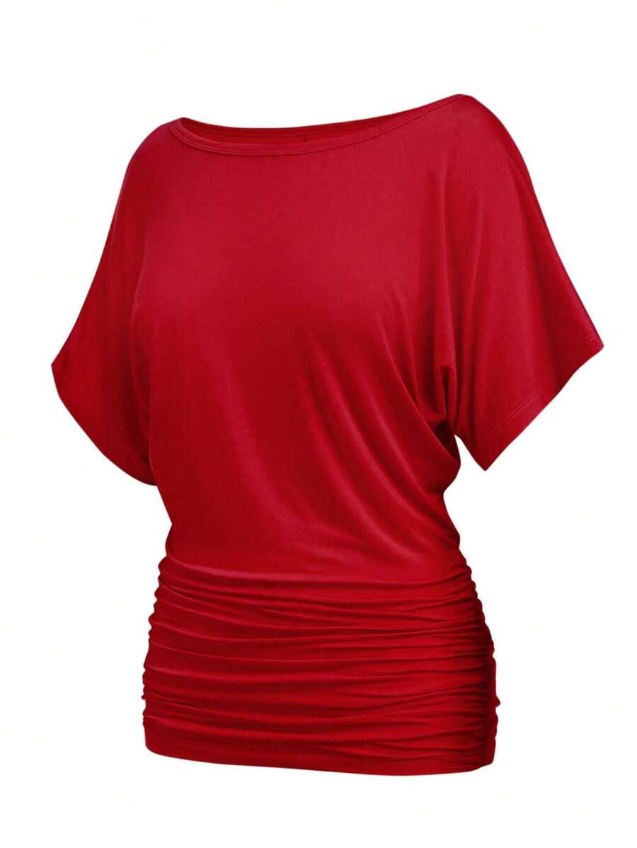 OUTBALL Women's Solid Short Sleeve Boat Neck Dolman Top With Side Shirring Casual Loose Fit T-Shirt - Đỏ - Xem 1