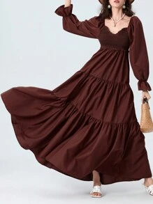 Women Long Dress Fashion Print Sweetheart Neckline Long Sleeve Dress Fashion Spring Fall Casual Dress - 棕色 - 查看 2