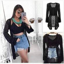 CARDIGAN SET WITH CROPED KNITTED LACE FLAIR SLEEVE - 黑色 - 查看 1