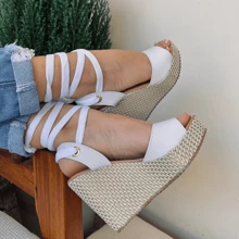 SANDALIA FEMININO ADULTO SALTO ALTO ESTILO ANABELA/PLAFORMA DE AMARRAÇÃO COM CORDÃO - Branco - Visão 1