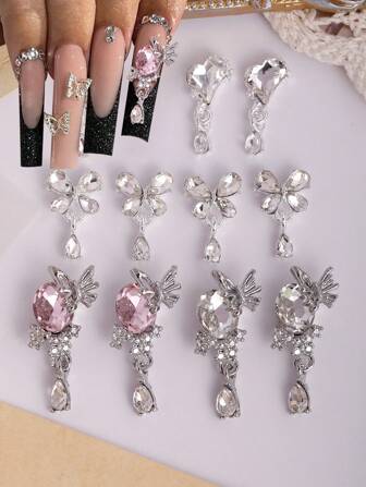 10-Pack, Butterfly Pendant Nail Accessories, 3D Large Gemstone Nail Accessories, Personalized Crooked Heart-Shaped Pendant Nail Accessories, Jewelry Nail Decorations, Pink And Silver Personalized Nail Decorations, Suitable For Nail Salons And Personal Use Nail Supplies Nails Nail Charms