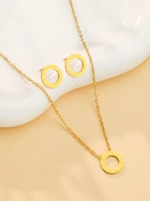 1 Set/3pcs 2025 New Roman Numeral Ring, Stainless Steel Cubic Zirconia Necklace & Earrings Wedding Jewelry Set - Gold - View 6