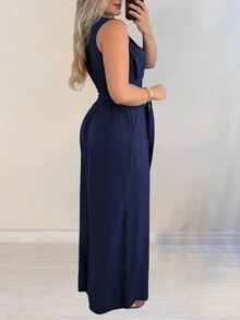 Vaiaye 女式无袖 V 领纯色简约时尚宽松阔腿圣诞连体裤 - 藏蓝色 - 查看 2