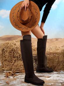 2025 Höst/vinter Nya Höga Damstövlar, Platta Stövlar med Dragkedja i Sidan, Knähöga Stövlar med Ökad Höjd, Elastiskt Lycra-skaft, Expanderbara Höga Stövlar För Dam - Kaffebrun - Visa 3