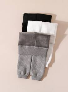 3 件套儿童和婴儿纯色保暖内衬 3/4 紧身裤、纯色紧身裤、女童保暖裤、厚保暖冬裤、垂直条纹 - 彩色 - 查看 1