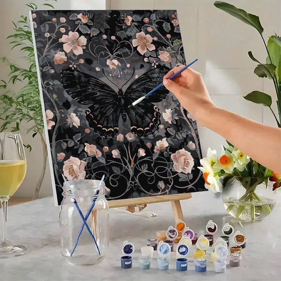 1 套彩色油画 DIY 数字油画 黑蝴蝶，数字油画 成人，适合挂在桌面上以缓解压力作为礼物 - 彩色 - 查看 1
