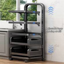 Höhenverstellbares Küchenlagerregal, multifunktionaler Boden-Topf-Pfannenhalter mit Gemüsekorb & Rädern