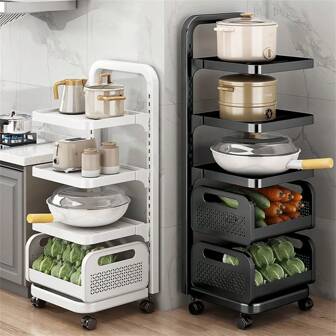 Estantería ajustable para almacenamiento en la cocina, soporte multifuncional para ollas y sartenes con cesta para verduras y ruedas