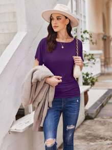 OUTBALL Women's Solid Short Sleeve Boat Neck Dolman Top With Side Shirring Casual Loose Fit T-Shirt - 深紫色 - 查看 6