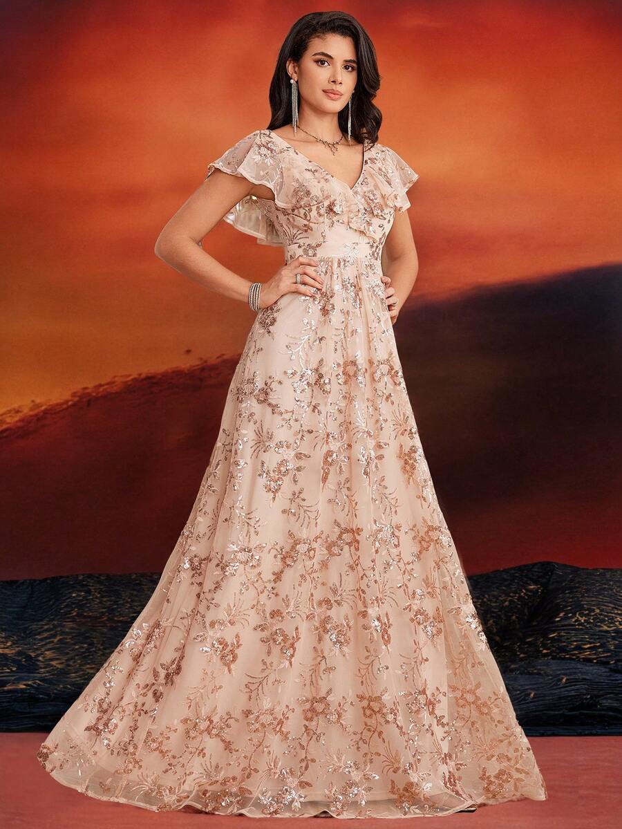 Women's Floral Sequin Embroidered Cinched Waist Maxi Evening Dress, Formal Prom Gown, For Wedding Guest, Graduation, Dinner
