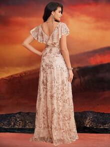 Women's Floral Sequin Embroidered Cinched Waist Maxi Evening Dress, Formal Prom Gown, For Wedding Guest, Graduation, Dinner - Champagne - View 4