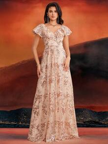 Women's Floral Sequin Embroidered Cinched Waist Maxi Evening Dress, Formal Prom Gown, For Wedding Guest, Graduation, Dinner - Champagne - View 3