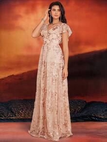 Women's Floral Sequin Embroidered Cinched Waist Maxi Evening Dress, Formal Prom Gown, For Wedding Guest, Graduation, Dinner - Champagne - View 5