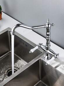 Kitchen Faucet Europe Style Hot And Cold Sink Mixer Chrome Brass Rotation Decked Double Ceramic Handle - Silver - View 6