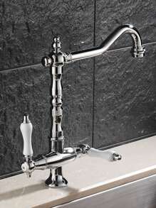 Kitchen Faucet Europe Style Hot And Cold Sink Mixer Chrome Brass Rotation Decked Double Ceramic Handle - Silver - View 3