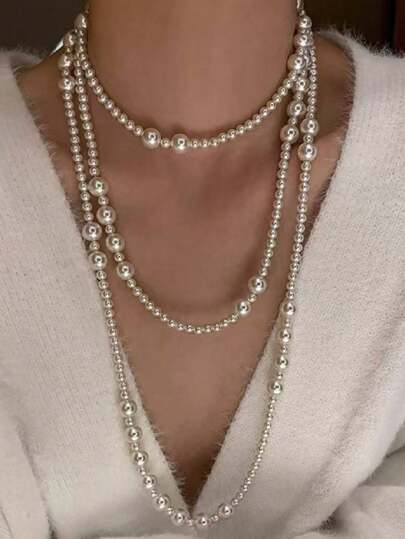 1pc Long Faux Pearl Layered Necklace For Women, Suitable For Daily Wear And As Gift Jewelry