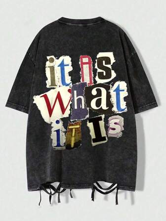 Men It Is What It Is Letter Print Fashion Versatile Top, Street Style Vintage Distressed Crew Neck Short Sleeve Washed T-Shirt, Emo