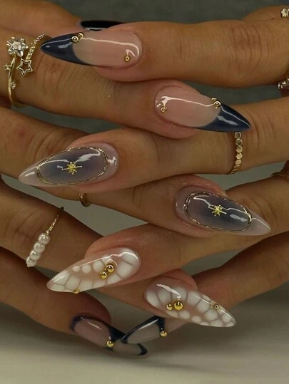 Minimalizm, Basit, Üst Düzey Stil, 24 Adet Orta Uzunlukta Badem Şeklinde Timsah Çizgileri, Lacivert Degrade Sim, Altın Kenar, Altın İnci Beyazlatıcı, Her Şeye Uygun Tırnak Sanatı, Tırnak Uçları, Gökyüzü Mavisi, Kadınlar İçin Günlük Seyahat, Randevu, Plaj Giyimi, Yapıştırma Tırnaklar, Tırnak Malzemeleri, Tırnaklar