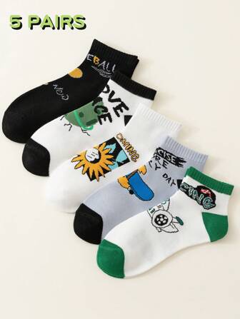 5 Pairs Men's Socks With Airplane, Skateboard, Letter & Color Block Patterns, Casual Ankle Socks For Streetwear, Youth, Sports, Fashion, Suitable For Spring, Autumn, All Seasons